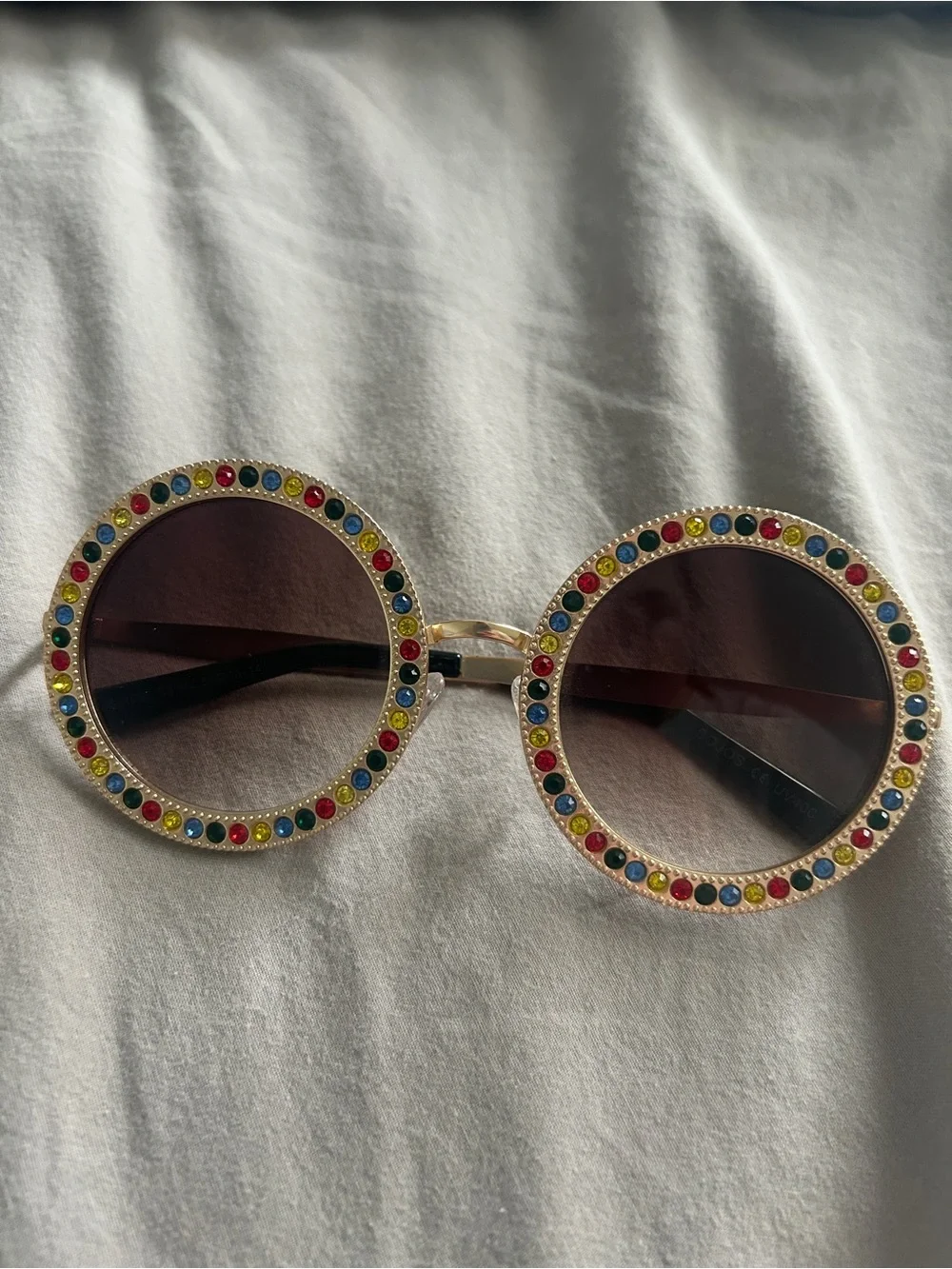 Round Multi-Accent Crystal Sunglasses - Brown Lenses